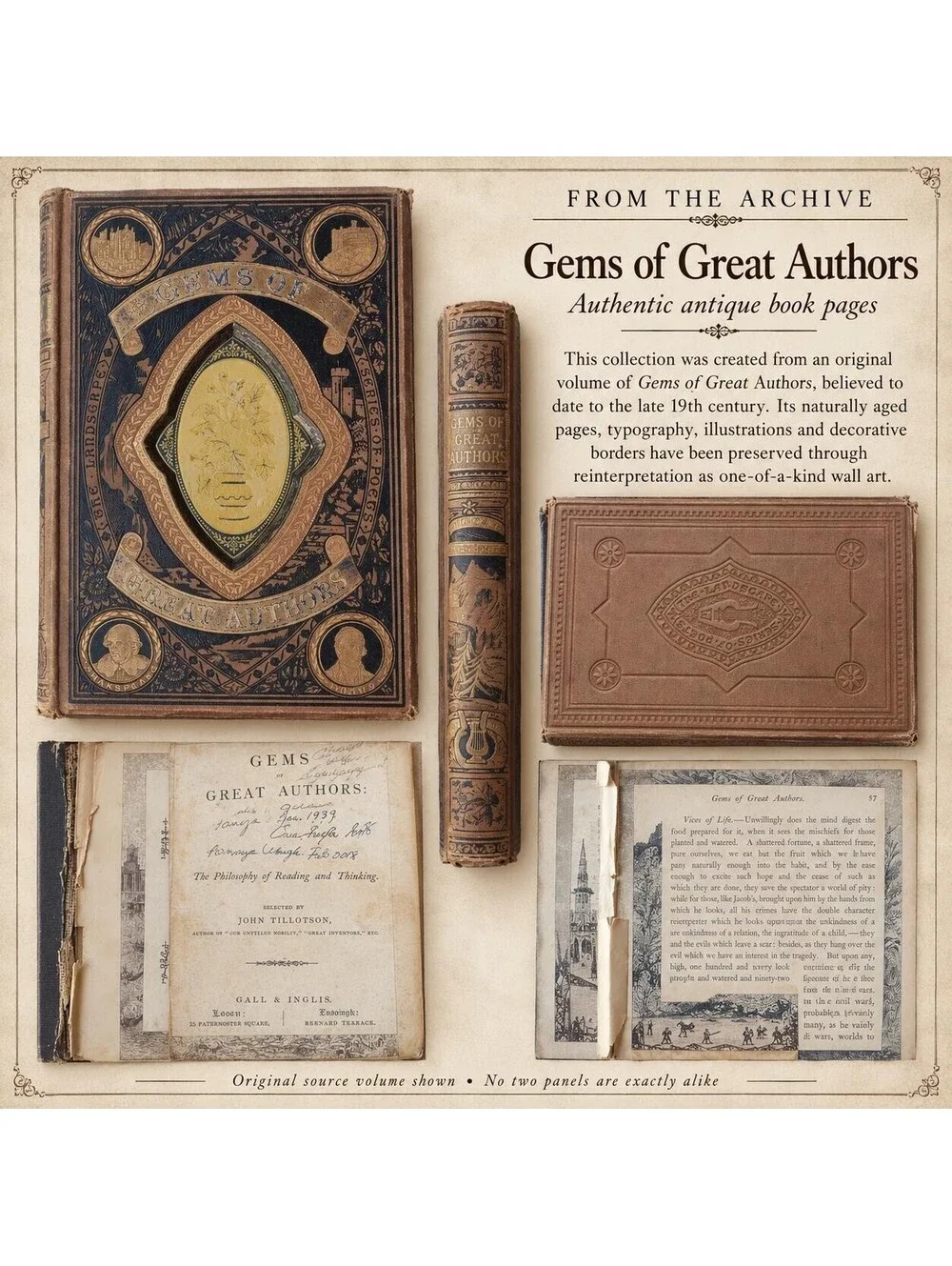 Antique Book Page Wall Art Set of 6, 12x12 Archive Panels, Dark Academia Vintage